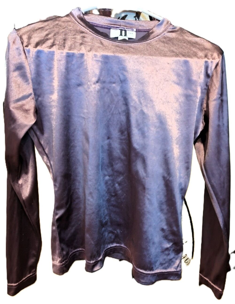 Fun Y2K One Step Up Shiny Satiny Purple Nylon Lycra Long Sleeve Top Size L